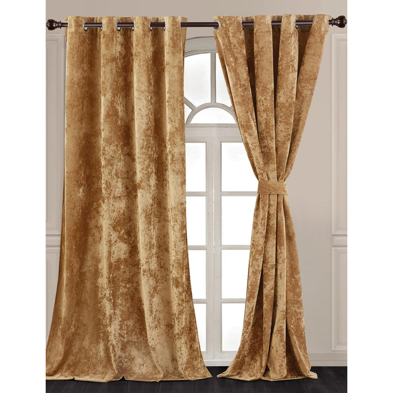 Lux Velvet Crushed Curtains with Grommet Top Curtain Panels Set, Caramel Gold, 50" W x 84" L