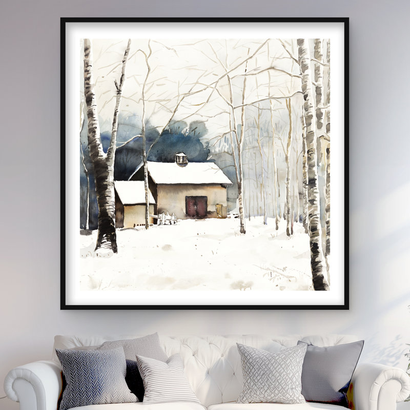 Petite grange hivernale - imprimé beige mat scandinave encadré