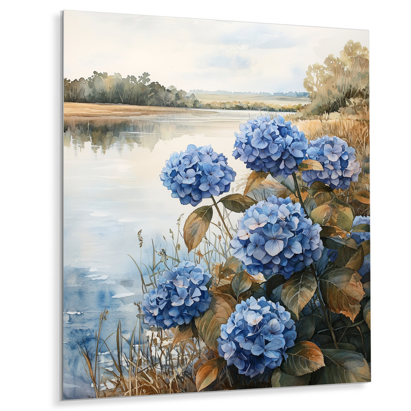Hydrangées par la berge I - impression d'hortensias sur métal, H 40 po x l 30 po