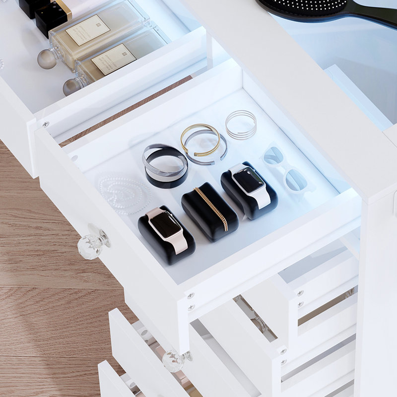 Makeup Vanity With Lighted Mirror And Glass Top, Vanity Table With 15 Drawers And Lighted Drawer For Bedroom, White