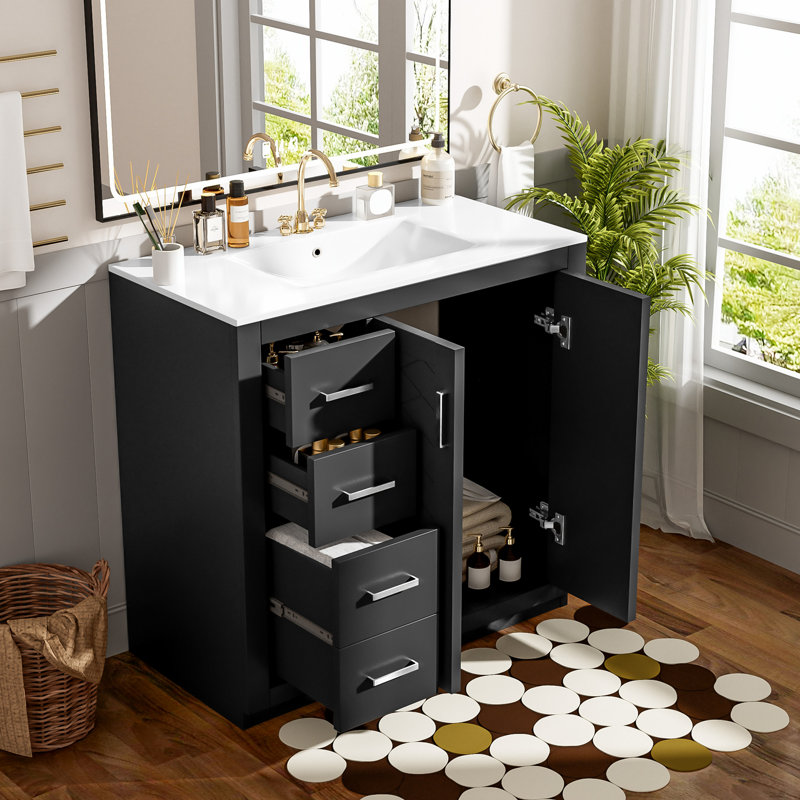 36-Inch Solid Wood Bathroom Vanity with Ceramic Sink, Ample Storage, and Elegant Design for Modern Bathrooms, Black
