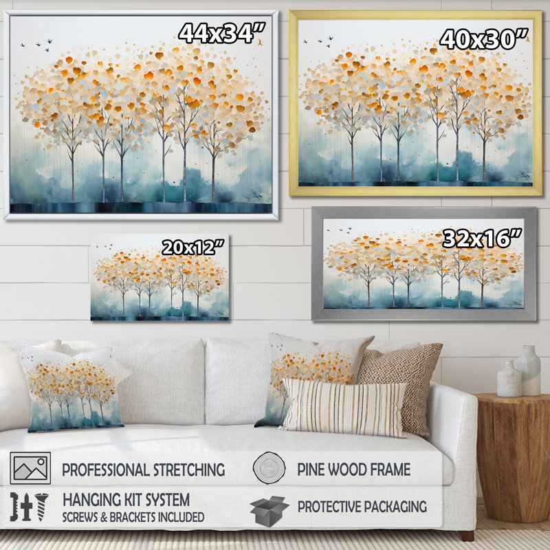 Minimalisme arbre jaune solitude III sur toile, Cadre flottant doré, H 16 po x l 32 po x P 1 po