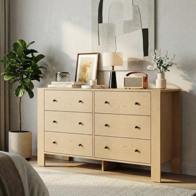 Modern 6 Drawer Dresser Chest – Spacious Wooden Bedroom Storage Cabinet, Wide Top – Sturdy Contemporary Organizer for Closet, Entryway, Nursery – Anti-Tip Safety – Color: Almond Yellow