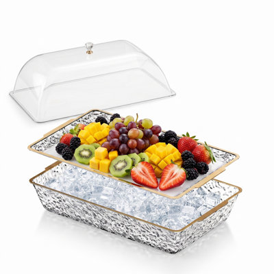 Plateau de service réfrigéré 3 pièces 16 po x 9 po x 3 po, bac à glace en plastique avec couvercle bombé anti-poussière pour fruits et fromages, options de style à bordure dorée et transparente pour recevoir