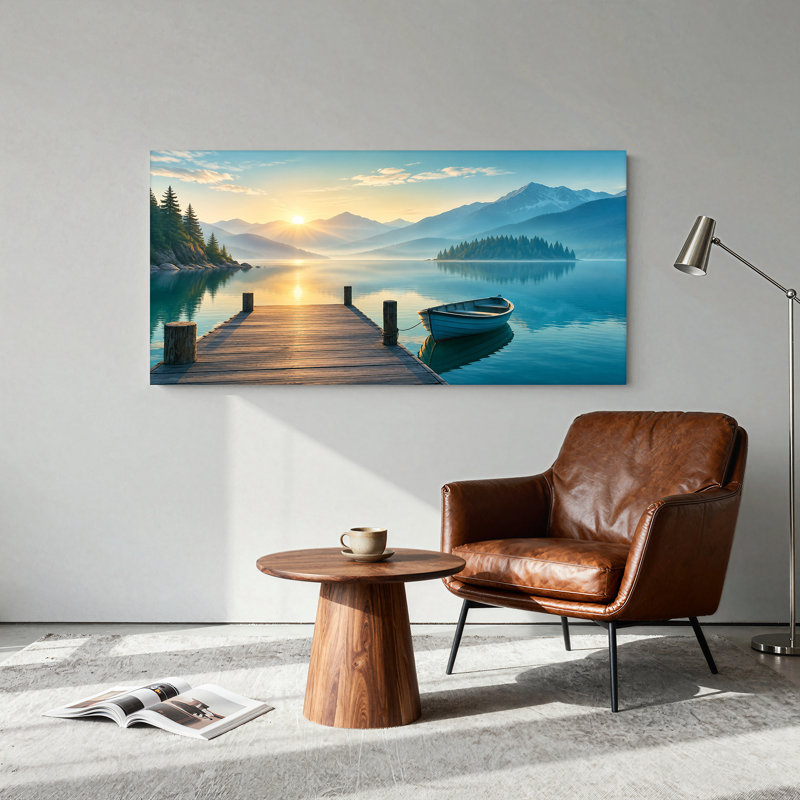 Tableau sur toile représentant un quai en bois et un bateau bleu au lever du soleil sur un lac en montagne, 40“W x 20”H