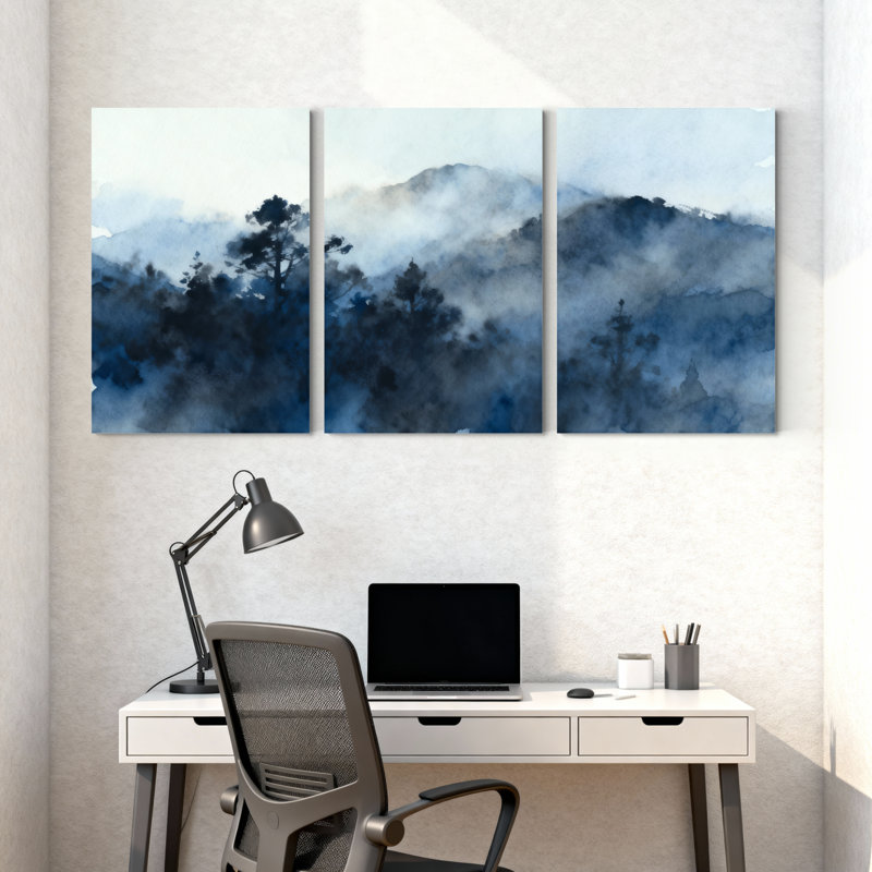 Ensemble de 3 impressions sur toile, paysage de montagne brumeux avec arbres et brouillard, H 30 po x l 60 po