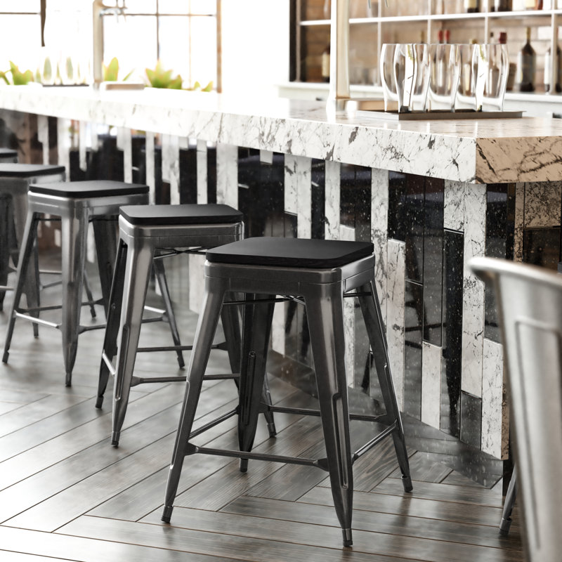 Bushea All-Weather Backless Commercial Bar Stool with Poly Resin Seat, Counter Stool (24" Seat Height), Black