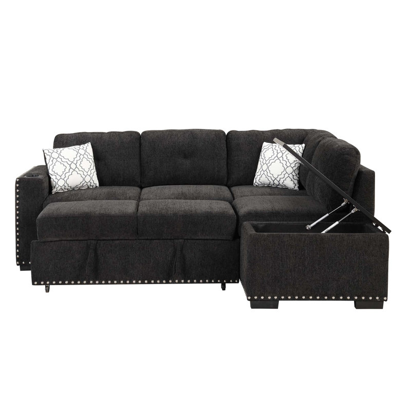 Canapé-lit modulaire en L de 83,8 po avec méridienne coulissante en L et méridienne avec rangement, ports USB, prises de courant, porte-gobelet pour le salon, la chambre à coucher et le bureau