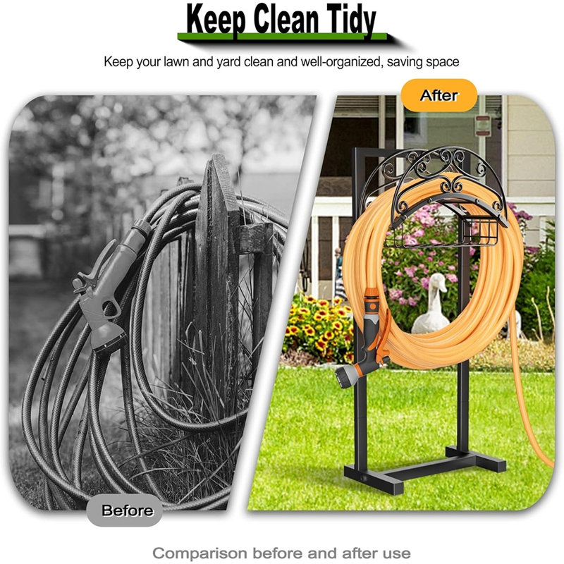 Porte-boyau d'arrosage robuste avec panier de rangement - Support pour boyau d'arrosage, support pour boyau d'arrosage jusqu'à 151 pi