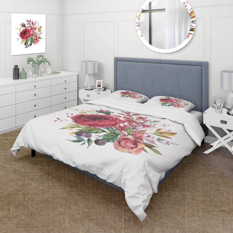 Vintage rose bourgogne et fleurs sauvages - ensemble de housse de couette Farmhouse - microfibre de polyester