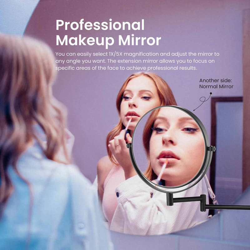 Matte Black Extendable Metal Round Wall Mirror with 5x Magnification