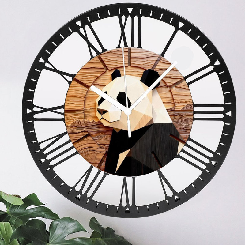 Horloge murale ronde en fer 10 po avec mouvement à quartz silencieux, chiffres romains, impression UV, Panda