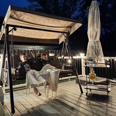 Balancelle de luxe à 2 places avec support et porte-gobelets, avec auvent et oreiller inclus, beige