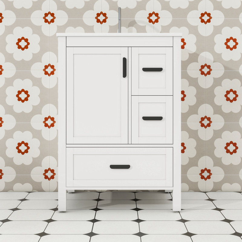 Meuble-lavabo de salle de bain avec lavabo en céramique, tiroir divisé et tiroirs de rangement, Blanc