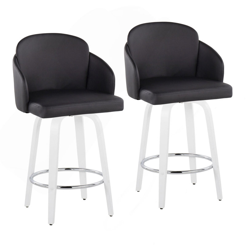 Tabouret de bar à hauteur fixe avec pivot en bois blanc et similicuir noir avec repose-pieds rond chromé - ensemble de 2