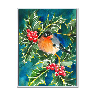 Bouvreuil avec oiseaux sur un arbre de Noël - art mural traditionnel sur toile