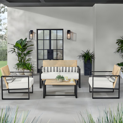 Sea Island Black 4-Piece Reinforced Aluminum Outdoor Conversation Set with Wicker Table and Natural White Cushions