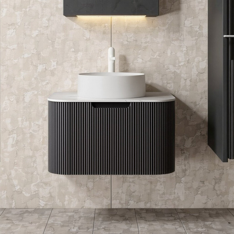 Meuble-lavabo mural flottant avec lavabo en céramique | Armoire moderne à rebord courbé de 24 po | Tiroir à fermeture en douceur et motif à rayures 3D