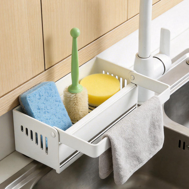 Support de rangement pour évier de cuisine avec support en éponge pour évier de cuisine ， Blanc, White