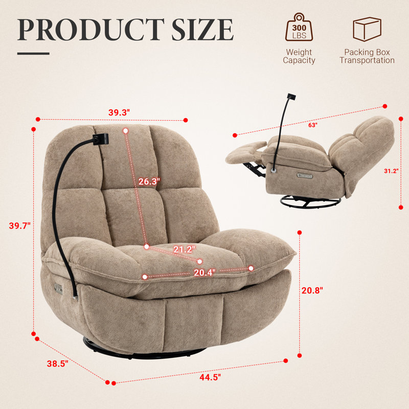 44.5" Oversized Swivel Rocker Power Recliner with Voice Control Bluetooth 2Types Ports Phone Holder & Storage, Brown