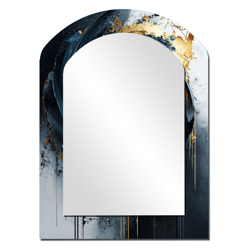 «Black Gold Abstract Shapes And Lines V», formes abstraites, miroir mural décoratif asymétrique, 34 po x 25 po