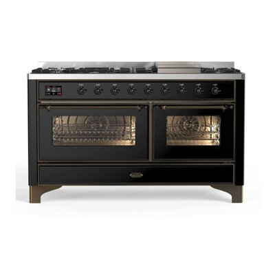 ILVE UM15FDNS3BGG Majestic II 60 inch Dual Fuel Range with 9 Burners, Griddle (Natural Gas, Triple Glass Door, Blue Grey, Brass)