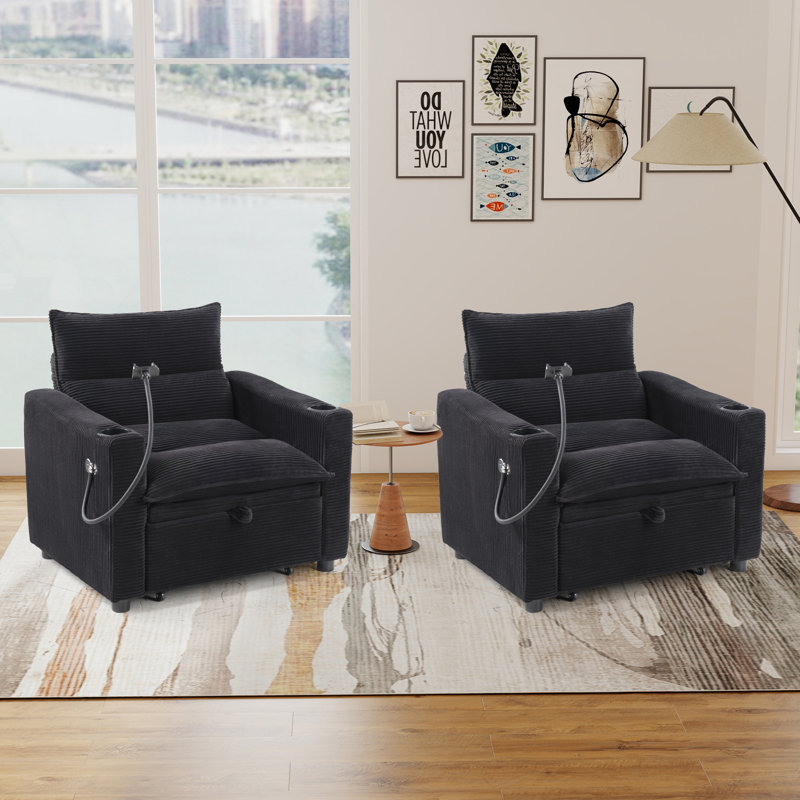 Canapé-lit convertible de 36,14 po de largeur avec porte-téléphone et porte-gobelets, Noir