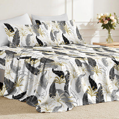 Ensemble de draps pour grand lit, draps à imprimé papillons or bleu, ensembles de literie en microfibre douce avec drap-housse à poche profonde, drap plat et taies d'oreiller