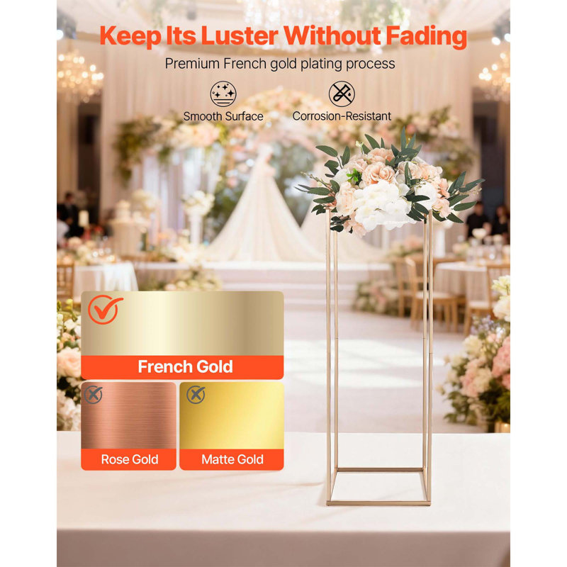 Wedding Flower Stand, 10PCS 31.5-inch Column Flower Stand, Floral Stands with Metal Laminate, Rectangular Floral Display Rack for Wedding, Party, Birthday, Home, French Gold Stands