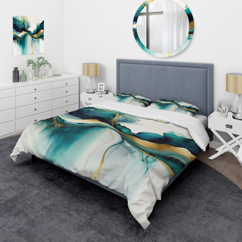 Teal and Gold Abstract Expression I - Ensemble de housse de couette à encre liquide abstraite - Polyester microfibre