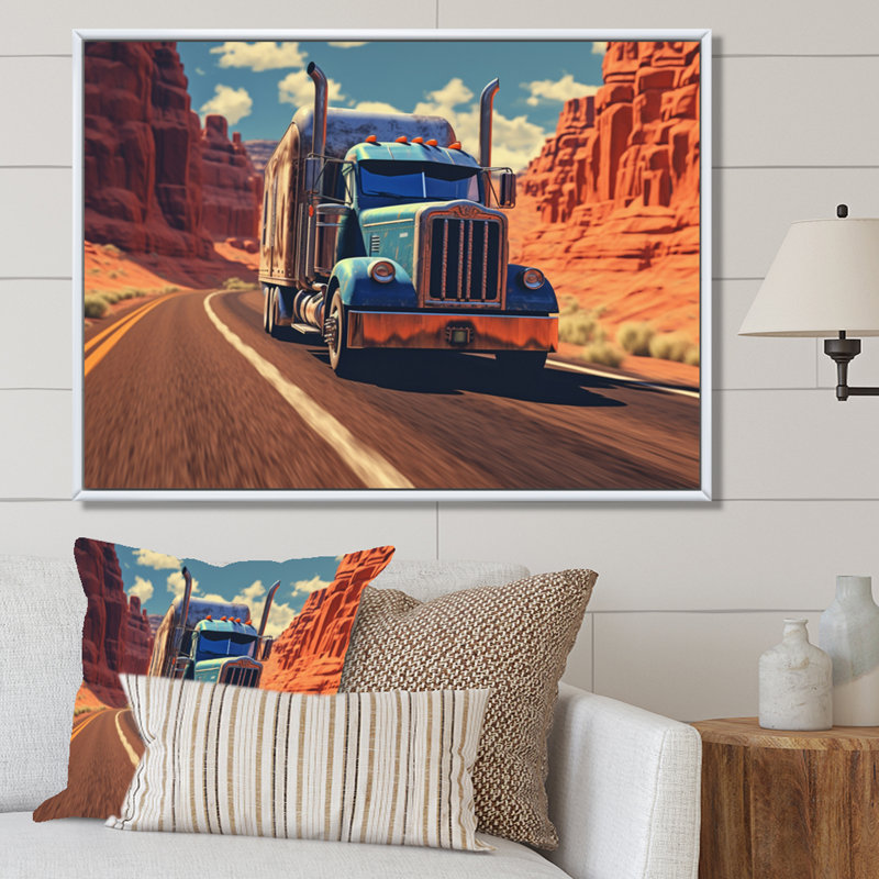 Semi Tractor - Transport, reproduction d'art sur toile, H 16 po x l 32 po x P 1 po, Cadre flottant blanc