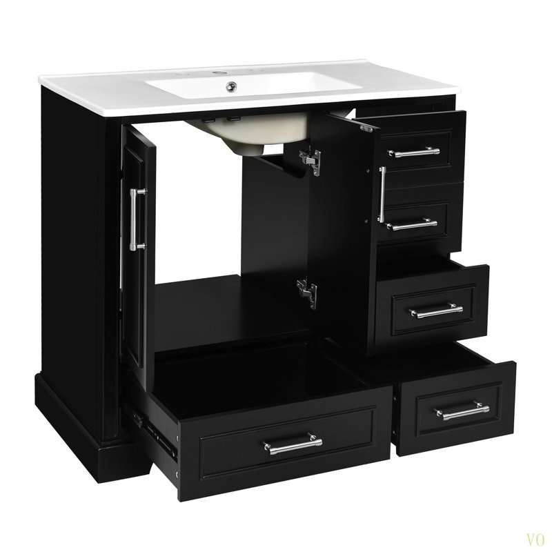 Armoire de salle de bain 36 po avec lavabo en céramique avec deux portes à fermeture douce et quatre tiroirs, Noir