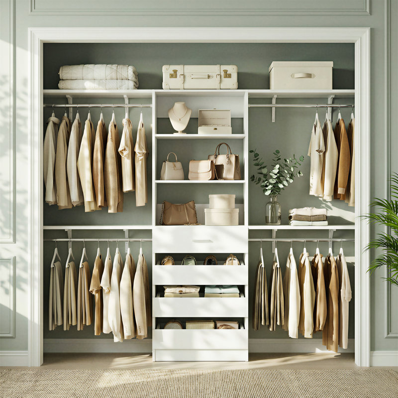21"-95"Closet System With 4 Drawers And 4 Rods, White