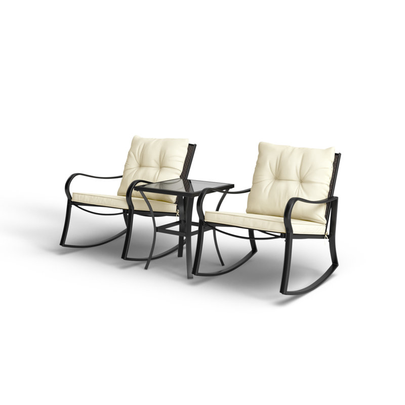 Black Metal and White Cushion 3-Piece Outdoor Rocking Chair Set