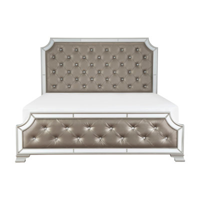 Queen Bed 1-Piece Silver 65" W x 87.25" H Wood — Button Tufted Design