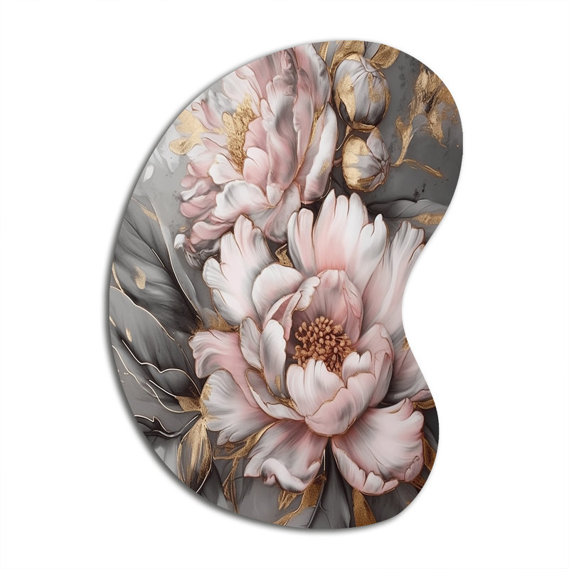 Rose gris pivoines élégance I - pivoines asymétriques, reproduction d'art murale en métal de forme unique