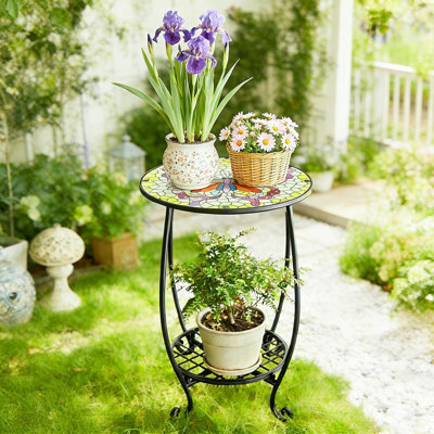 Petite table d'appoint extérieure de 2 pouces avec motif de papillons colorés, table d'appoint ronde en mosaïque de verre pour l'intérieur, table basse pour plante, salon, balcon et jardin (style papillon)