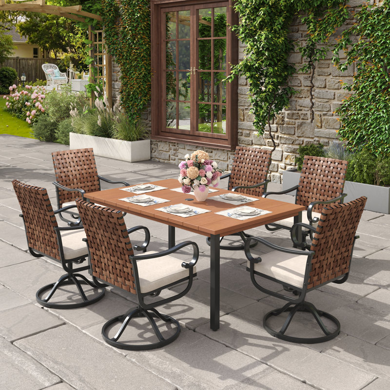 6-Person Rectangular  Outdoor Dining Set With Wicker Swivel Chair, Walnut