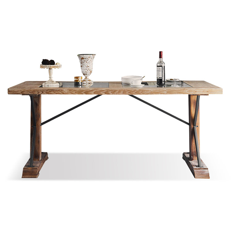 Table de salle à manger brune + noire rectangulaire en bois massif + fer + verre trempé