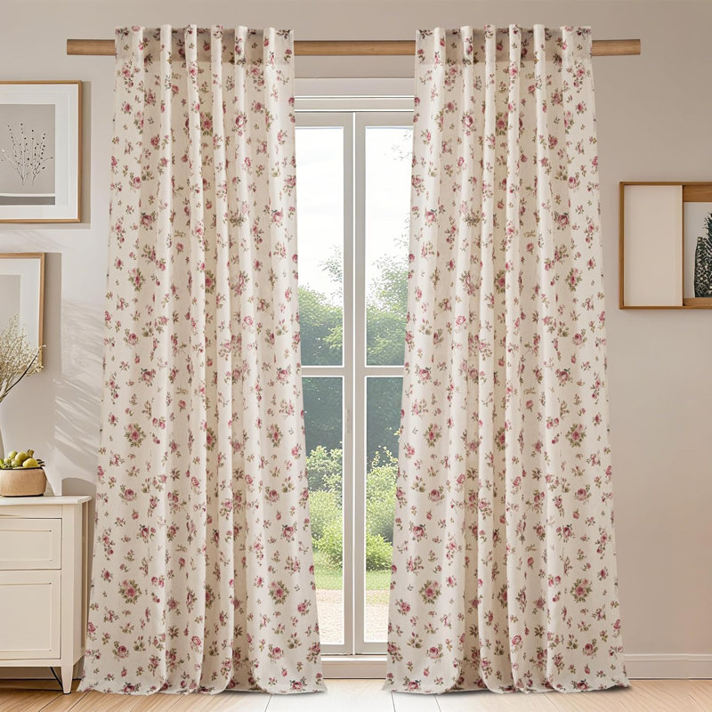 NICETOWN Rose Floral Linen Curtains for Living Room, Light Filtering Farmhouse Drapes Country Vintage Back Tab Window Panels for Bedroom, 2 Panels