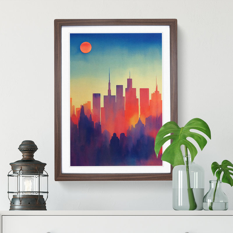 City Skyline Watercolour No.5 - Wall Art, 66cm H x 48cm W x 2cm D, Walnut Framed, White