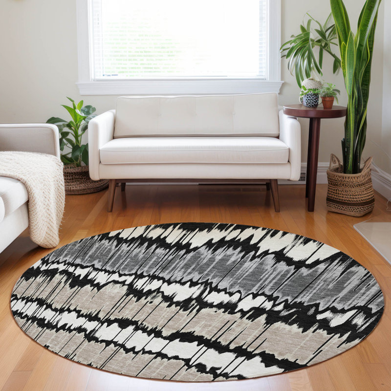 Premium Machine Washable Prisco Black Rug, Round 8'