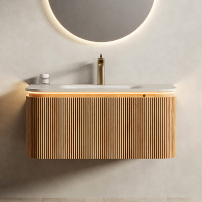 Meuble-lavabo de 36 po et lavabo, armoire à rebords arrondis flottants, tiroir rayé 3D naturel, lavabo à motif en pierre frittée, capteur à DEL, système de fermeture en douceur, glissières de tiroir, rangement facile, facile à installer,