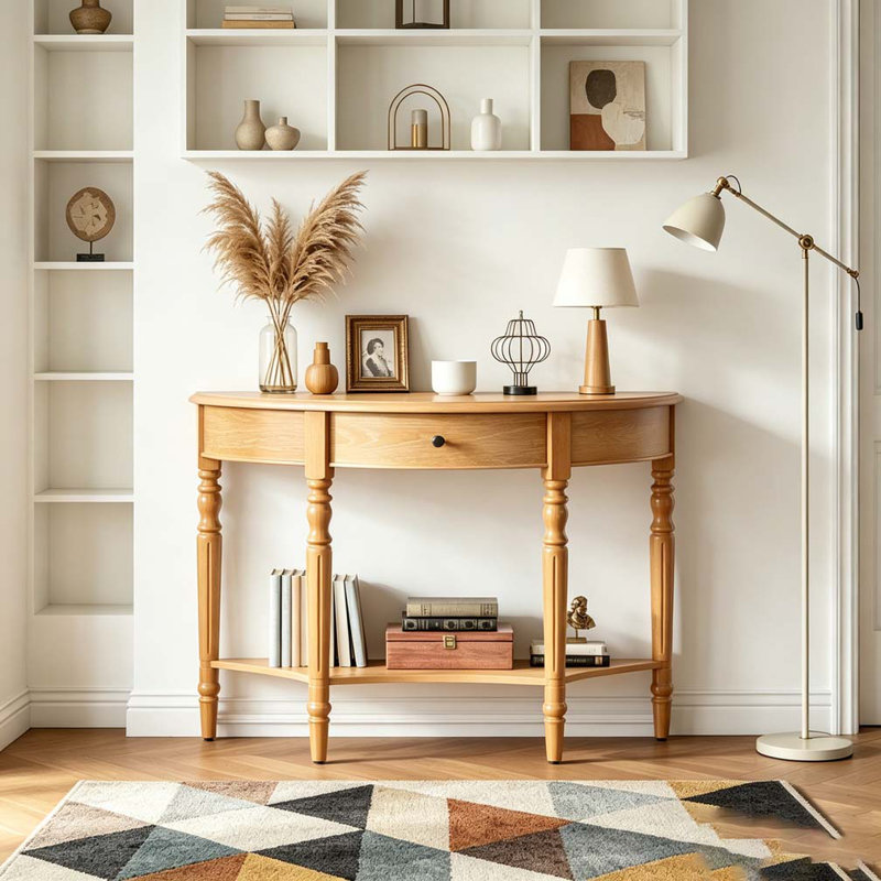 Console demi-lune avec tiroir et tablette, Naturel