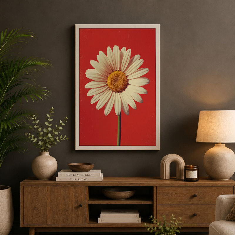 Centered Daisy Study Botanical - Wrapped Canvas, 24x16 - 61.0 x 40.6 cm, Teal Border