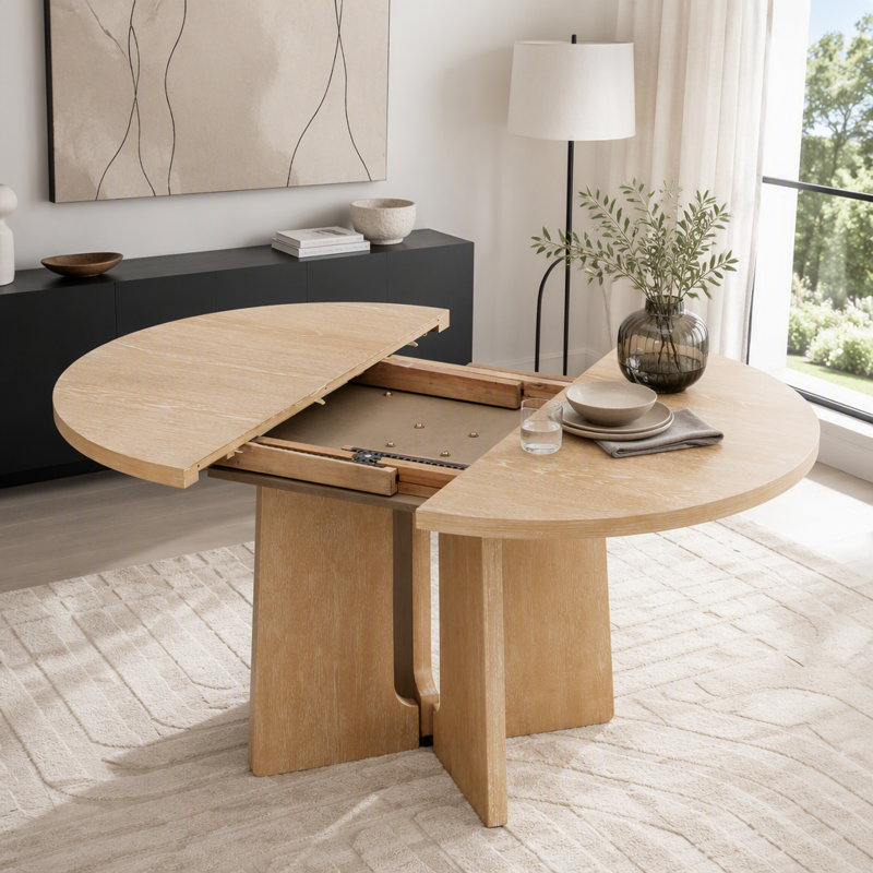 Extendable Solid Wood Round Dining Table, Natural