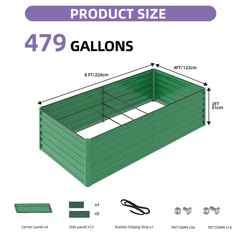  Green Metal Raised Garden Bed, 24" H x 96" W x 48" D