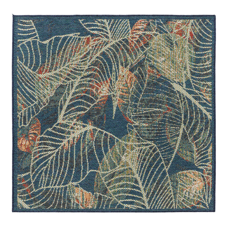 Tapis d'intérieur / extérieur en polypropylène tissé à la machine à motif floral bleu Torence, Carré 5 pi 3 po