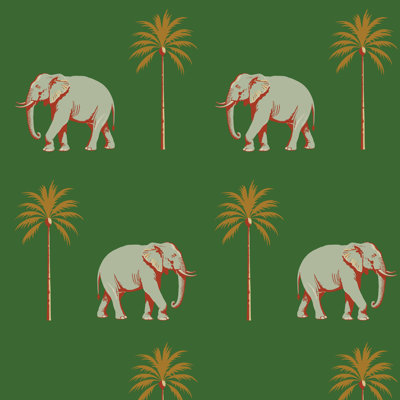 Strolling Elephant - Emerald Green Wallpaper