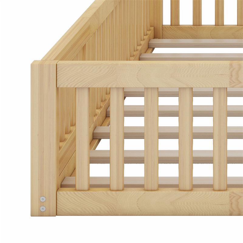 Wood House Platform Bed With Guardrail, Natural
